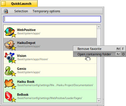 Schermata di quicklaunch