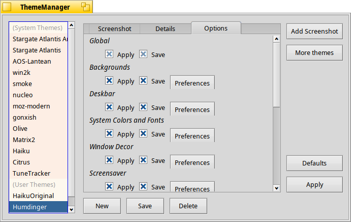 Schermata di thememanager