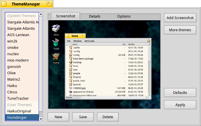 Schermata di thememanager